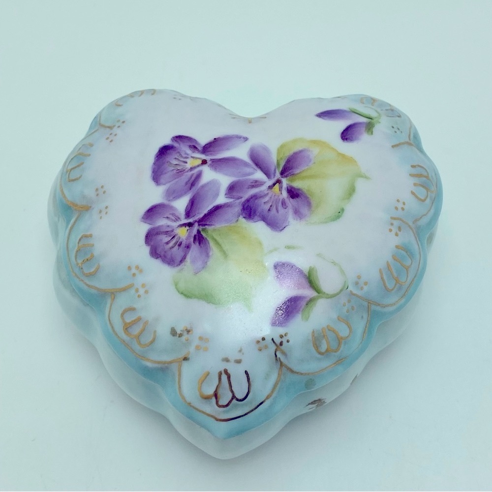 Vintage Hand Painted Violets Porcelain Trinket Box